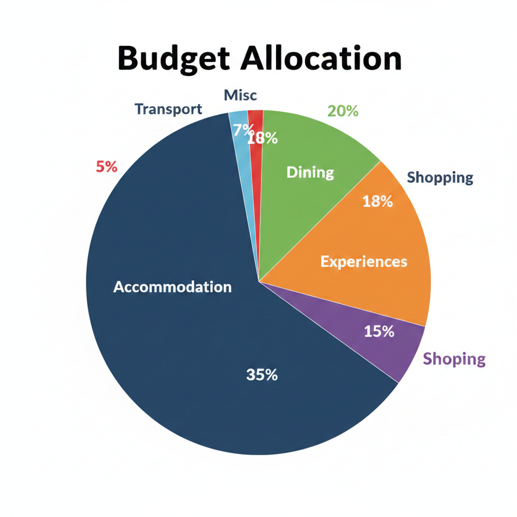 Budget allocation pie chart showing accommodation, dining, experiences, shopping, transport, and misc