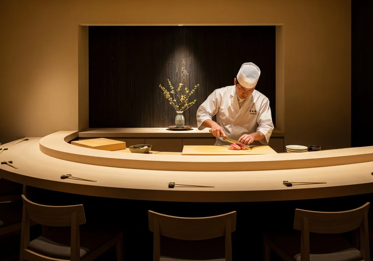 Chef preparing sushi at intimate omakase counter