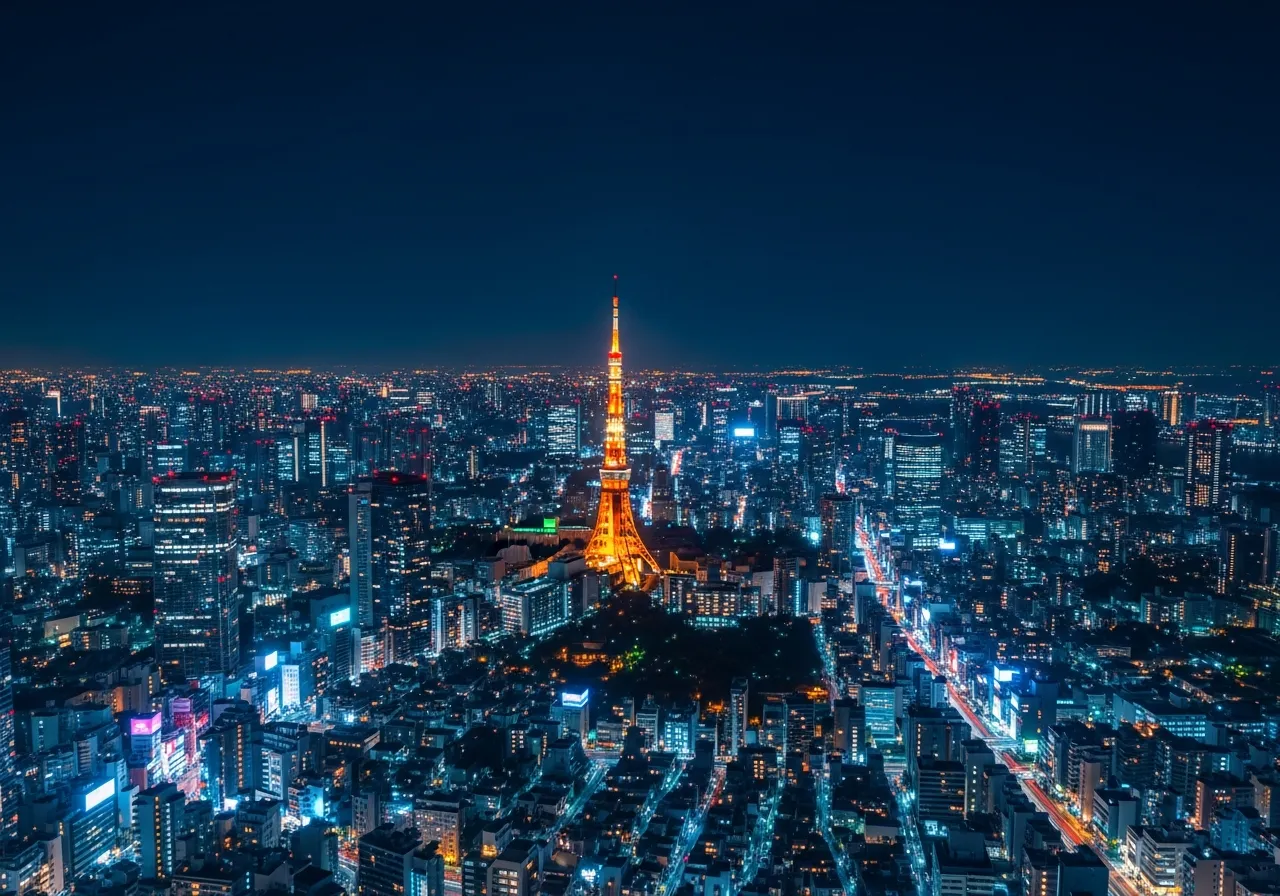 Aerial view of Tokyo at night from helicopter