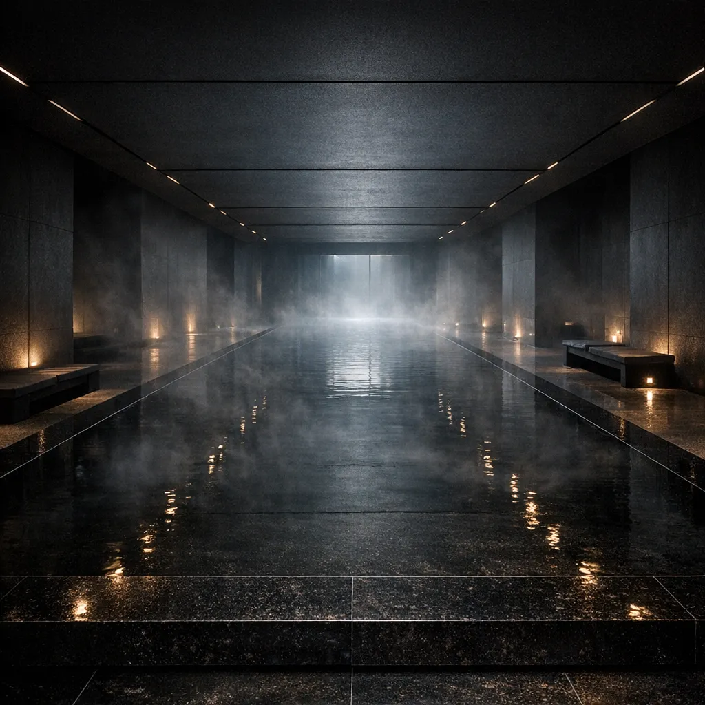 The spa pool, underground, steam, stone, no people, almost sacred atmosphere, 30-meter length visible