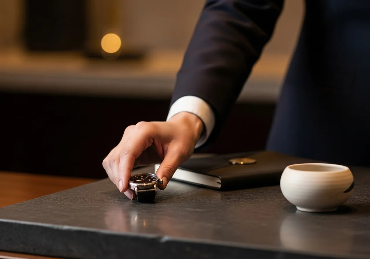 Staff hand placing item, no face visible, gesture of service, material detail, not intrusive