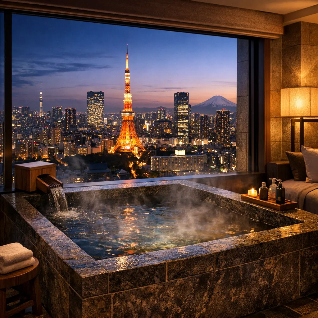 The onsen bathroom, steam rising, stone tub, view of Tokyo through window, no human visible, just space